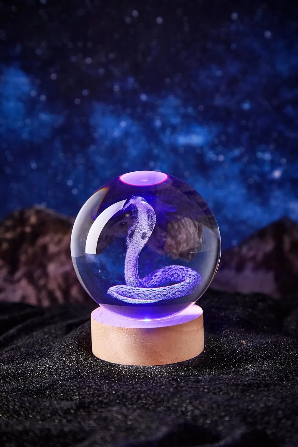 3D Large Snake Crystal Ball Night Light with Wooden Base, Cobra Crystal Lamp Gift for Kids Wife Friends, 16 Color Changing with Remote Control, Laser Engraved 3.15 inch Glass Ball Lamp (Snake)