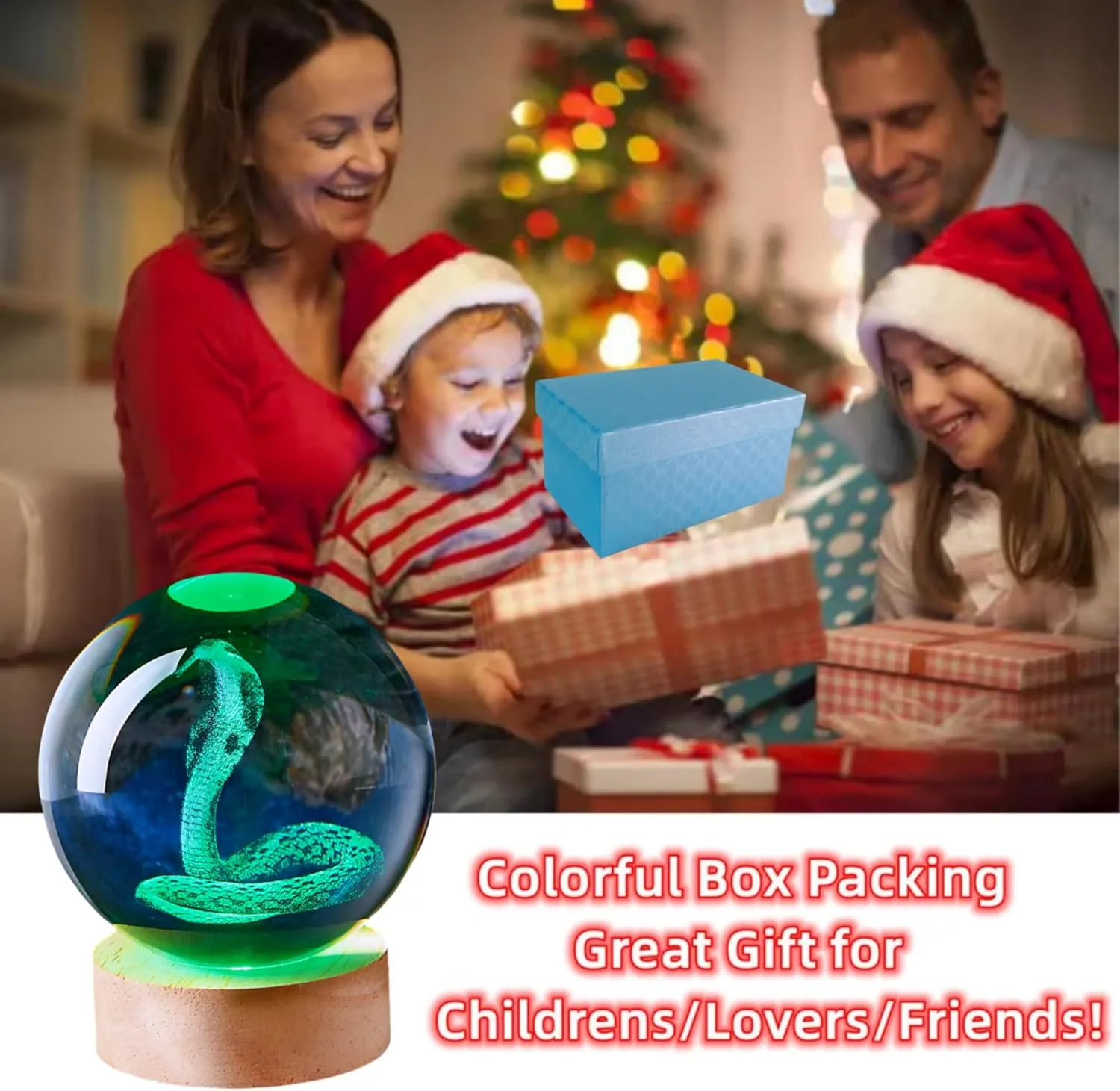3D Large Snake Crystal Ball Night Light with Wooden Base, Cobra Crystal Lamp Gift for Kids Wife Friends, 16 Color Changing with Remote Control, Laser Engraved 3.15 inch Glass Ball Lamp (Snake)