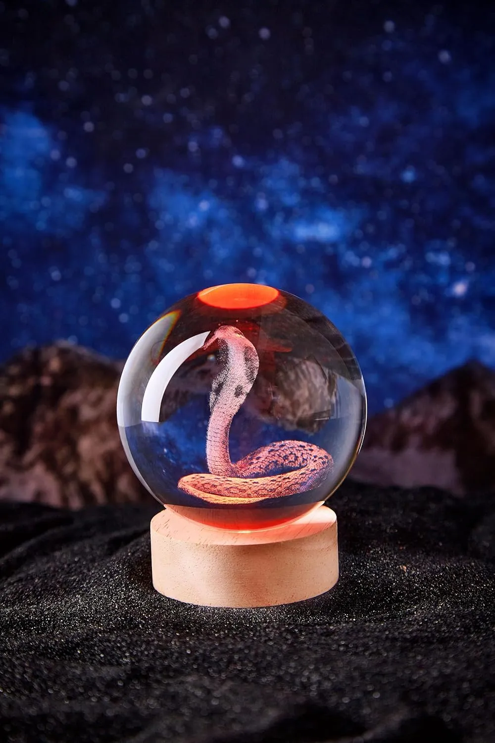 3D Large Snake Crystal Ball Night Light with Wooden Base, Cobra Crystal Lamp Gift for Kids Wife Friends, 16 Color Changing with Remote Control, Laser Engraved 3.15 inch Glass Ball Lamp (Snake)