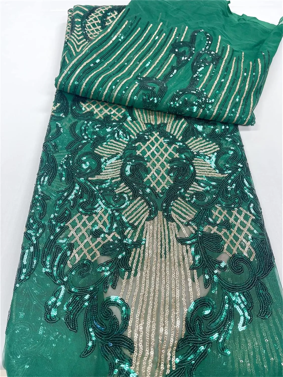 3Yard African Lace Fabric 2023 White French Net Sequins Fabric Sewing Embroidered Lace Tulle Nigerian Lace Fabric (3Yard,Forest)