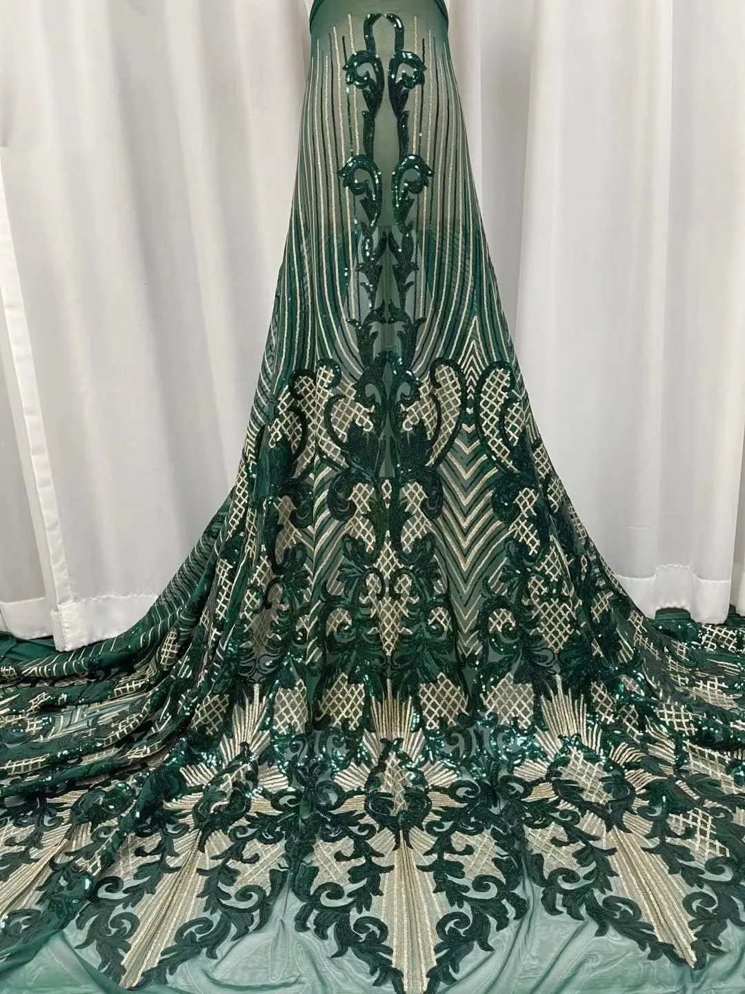 3Yard African Lace Fabric 2023 White French Net Sequins Fabric Sewing Embroidered Lace Tulle Nigerian Lace Fabric (3Yard,Forest)