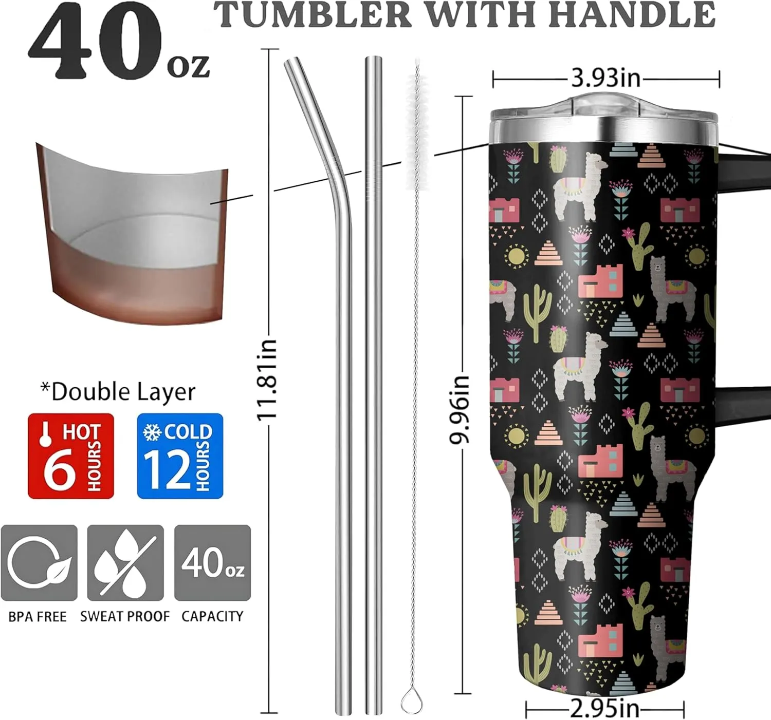 40 Oz Llama Tumbler with Handle and Straw, Double Wall Stainless Steel Llama Cup, Alpaca Mug Insulated Llama Coffee Mug, 40 Oz Llama Mugs with Handle and Straw for Women Gifts