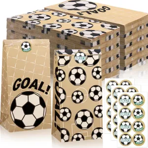 48 Pcs 8 lb Soccer Kraft Brown Paper Lunch Bags with Soccer Stickers Sports Theme Party Gift Bags Kraft Paper Lunch Bags for Sandwich Snack Grocery Food for Birthday Party Favor Decor