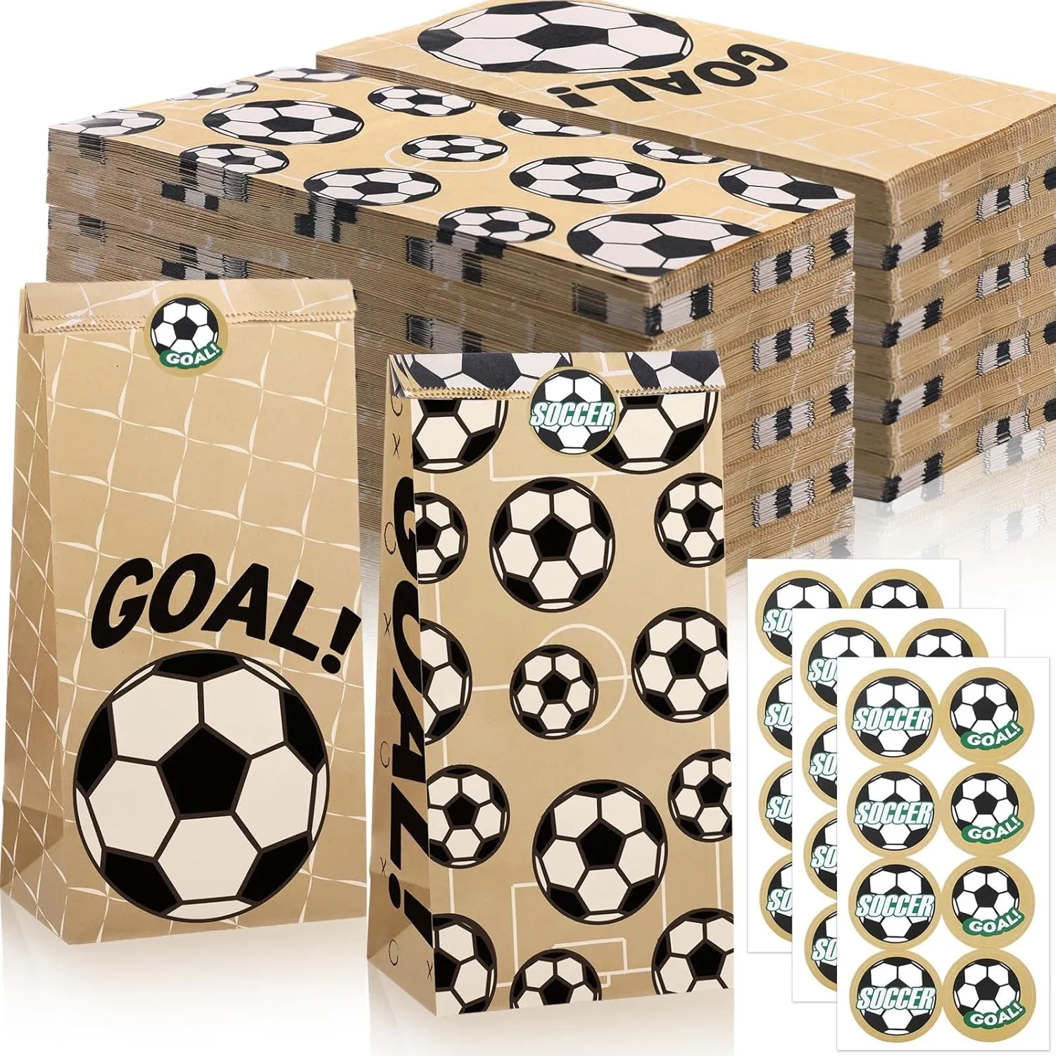 48 Pcs 8 lb Soccer Kraft Brown Paper Lunch Bags with Soccer Stickers Sports Theme Party Gift Bags Kraft Paper Lunch Bags for Sandwich Snack Grocery Food for Birthday Party Favor Decor