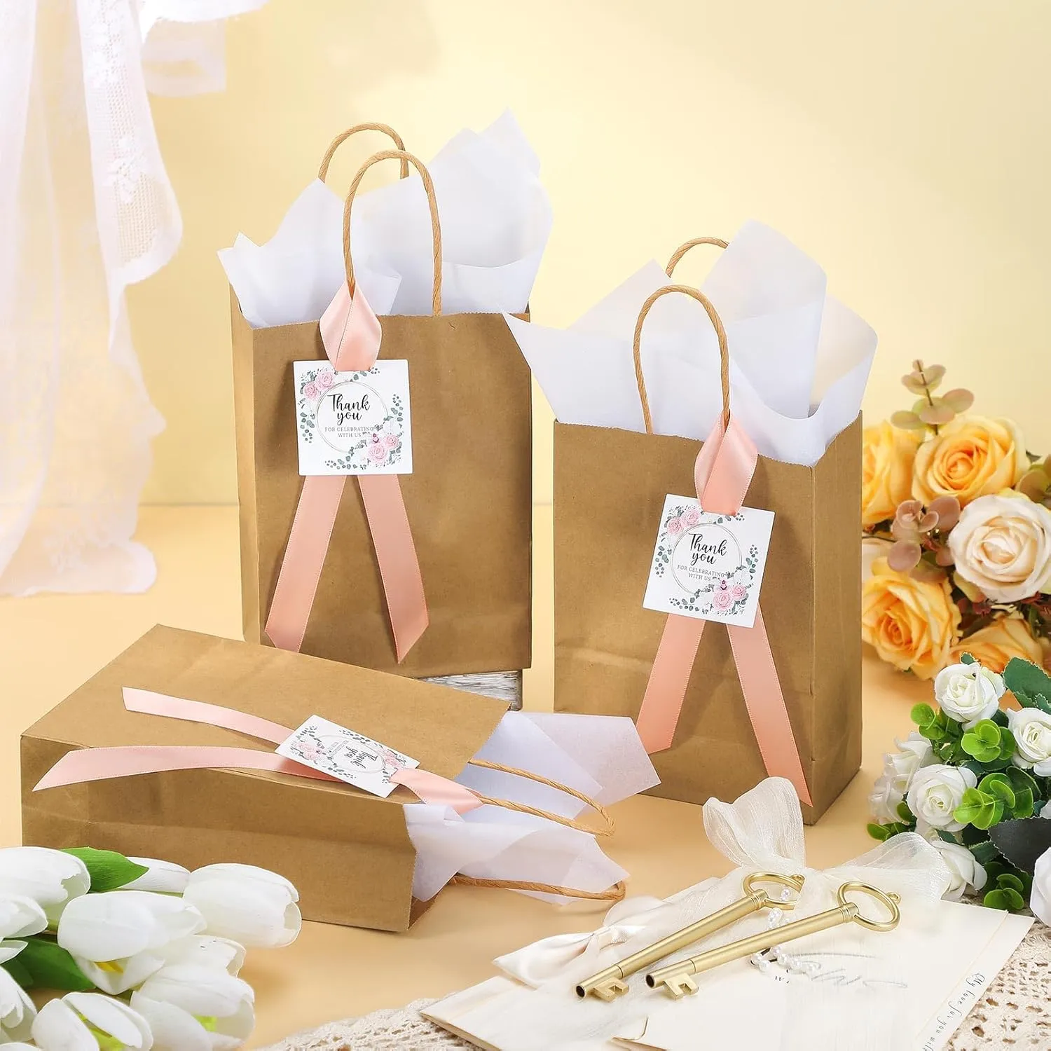 48 Sets Wedding Welcome Bags for Guests Bulk Wedding Gift Bags with Handle Tissue Paper Thank You Cards Ribbons for Guests Baby Shower Bridal Party Favors(Pink,Flower)