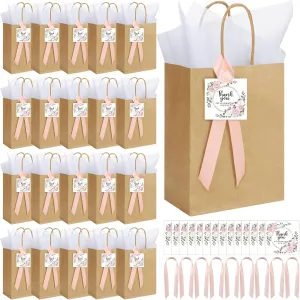 48 Sets Wedding Welcome Bags for Guests Bulk Wedding Gift Bags with Handle Tissue Paper Thank You Cards Ribbons for Guests Baby Shower Bridal Party Favors(Pink,Flower)