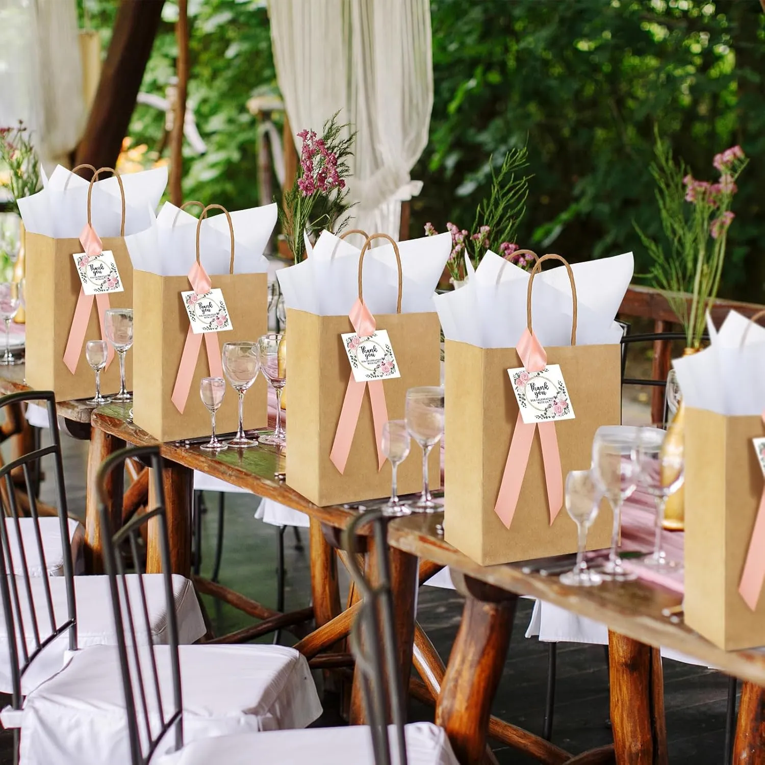48 Sets Wedding Welcome Bags for Guests Bulk Wedding Gift Bags with Handle Tissue Paper Thank You Cards Ribbons for Guests Baby Shower Bridal Party Favors(Pink,Flower)