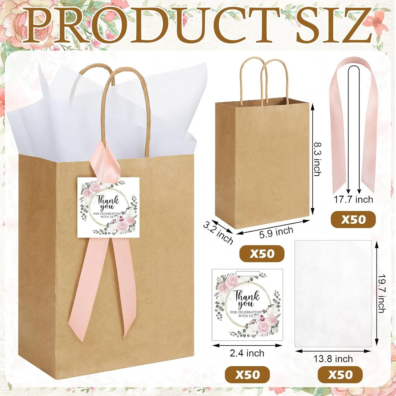 48 Sets Wedding Welcome Bags for Guests Bulk Wedding Gift Bags with Handle Tissue Paper Thank You Cards Ribbons for Guests Baby Shower Bridal Party Favors(Pink,Flower)