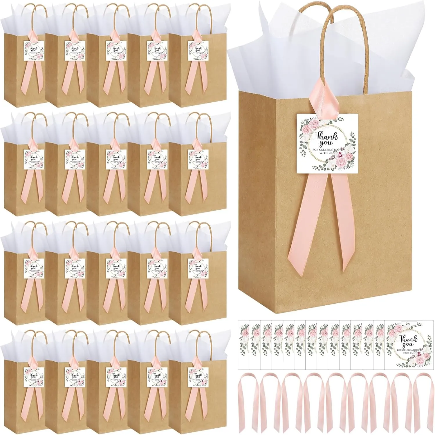 48 Sets Wedding Welcome Bags for Guests Bulk Wedding Gift Bags with Handle Tissue Paper Thank You Cards Ribbons for Guests Baby Shower Bridal Party Favors(Pink,Flower)