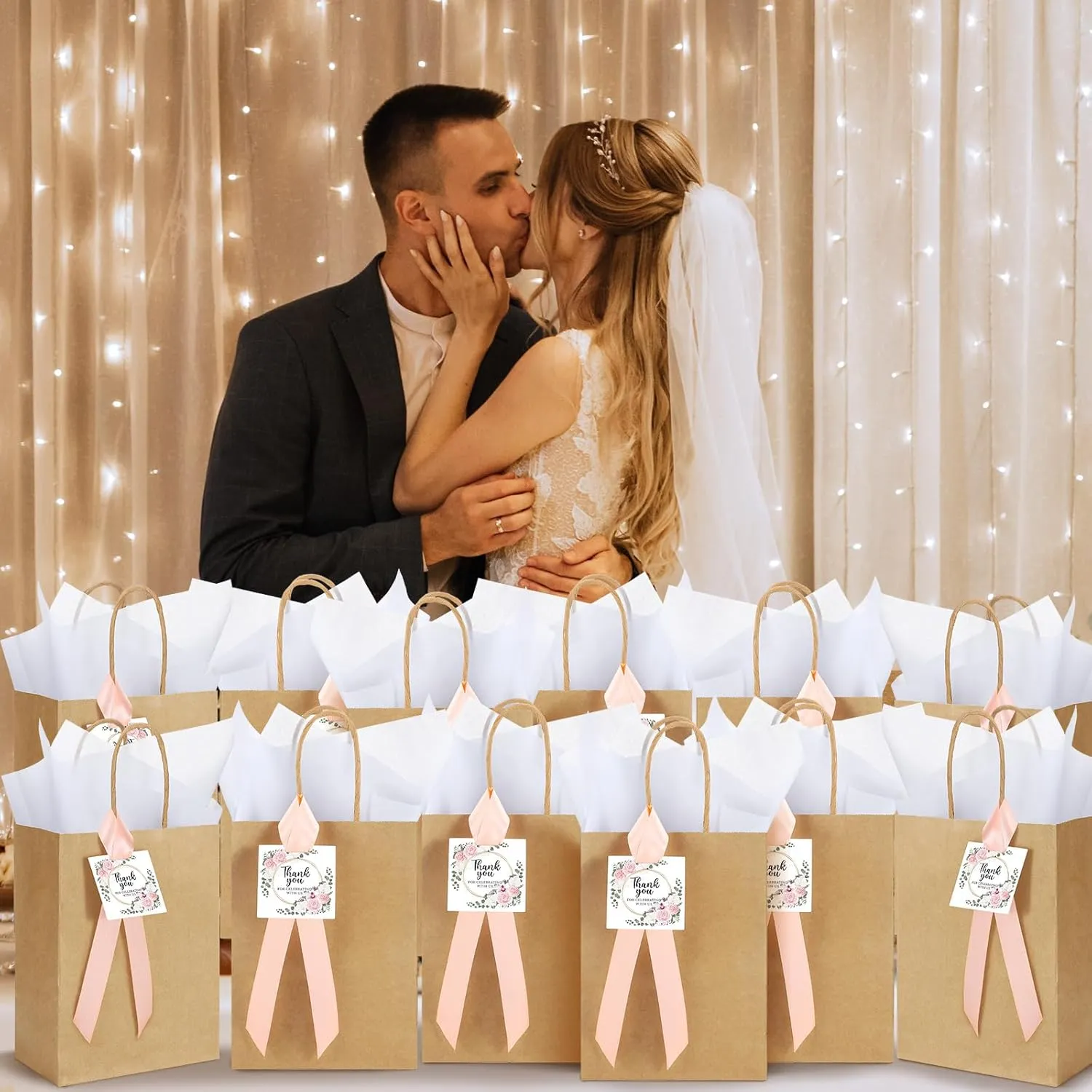 48 Sets Wedding Welcome Bags for Guests Bulk Wedding Gift Bags with Handle Tissue Paper Thank You Cards Ribbons for Guests Baby Shower Bridal Party Favors(Pink,Flower)