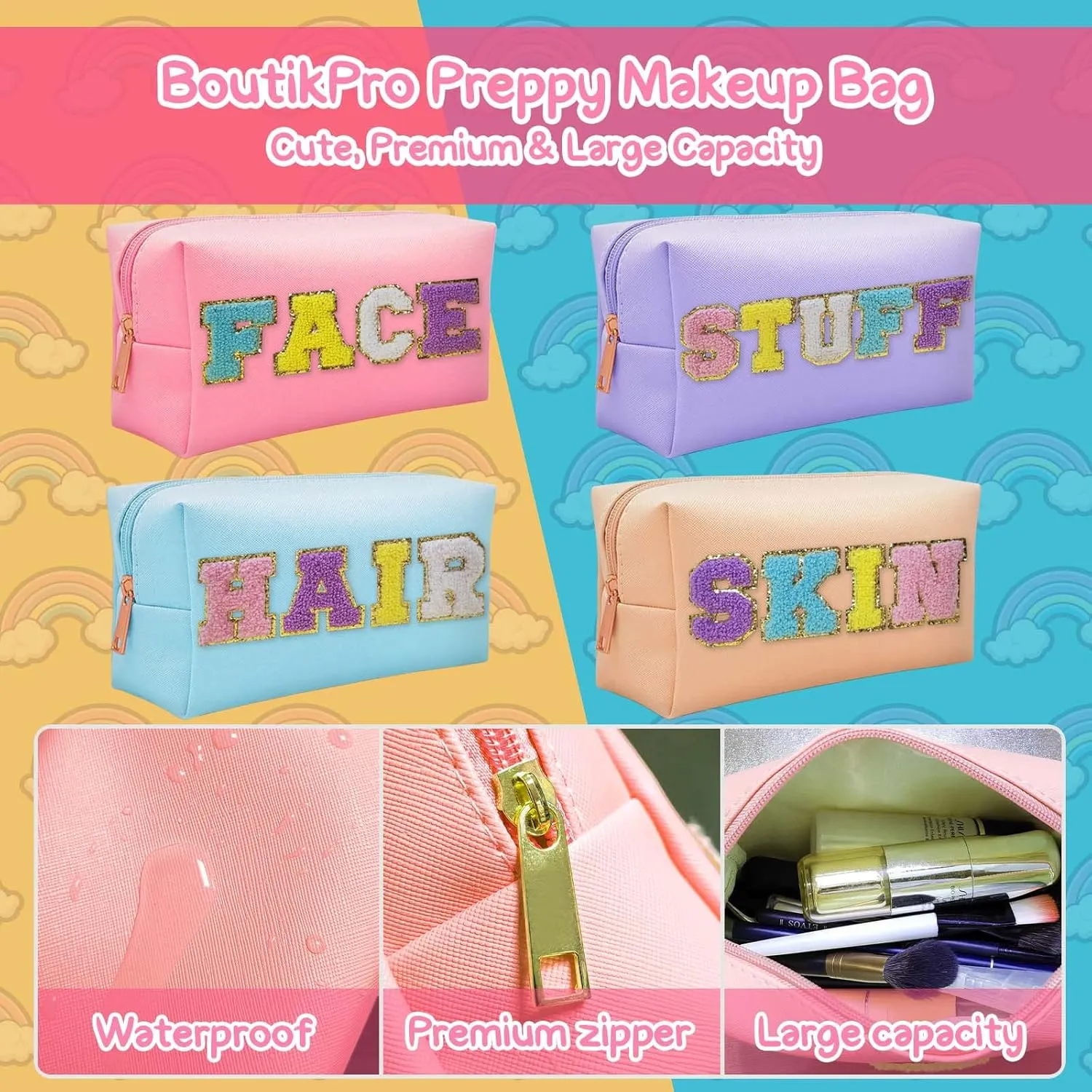 4PCS Premium Preppy Makeup Bag Set, Cute PU Travel Toiletry Bag for Women, Waterproof Preppy Patch Cosmetic Organizer Bag for Traveling Outdoors, Gift Ideal for Christmas Thanksgiving