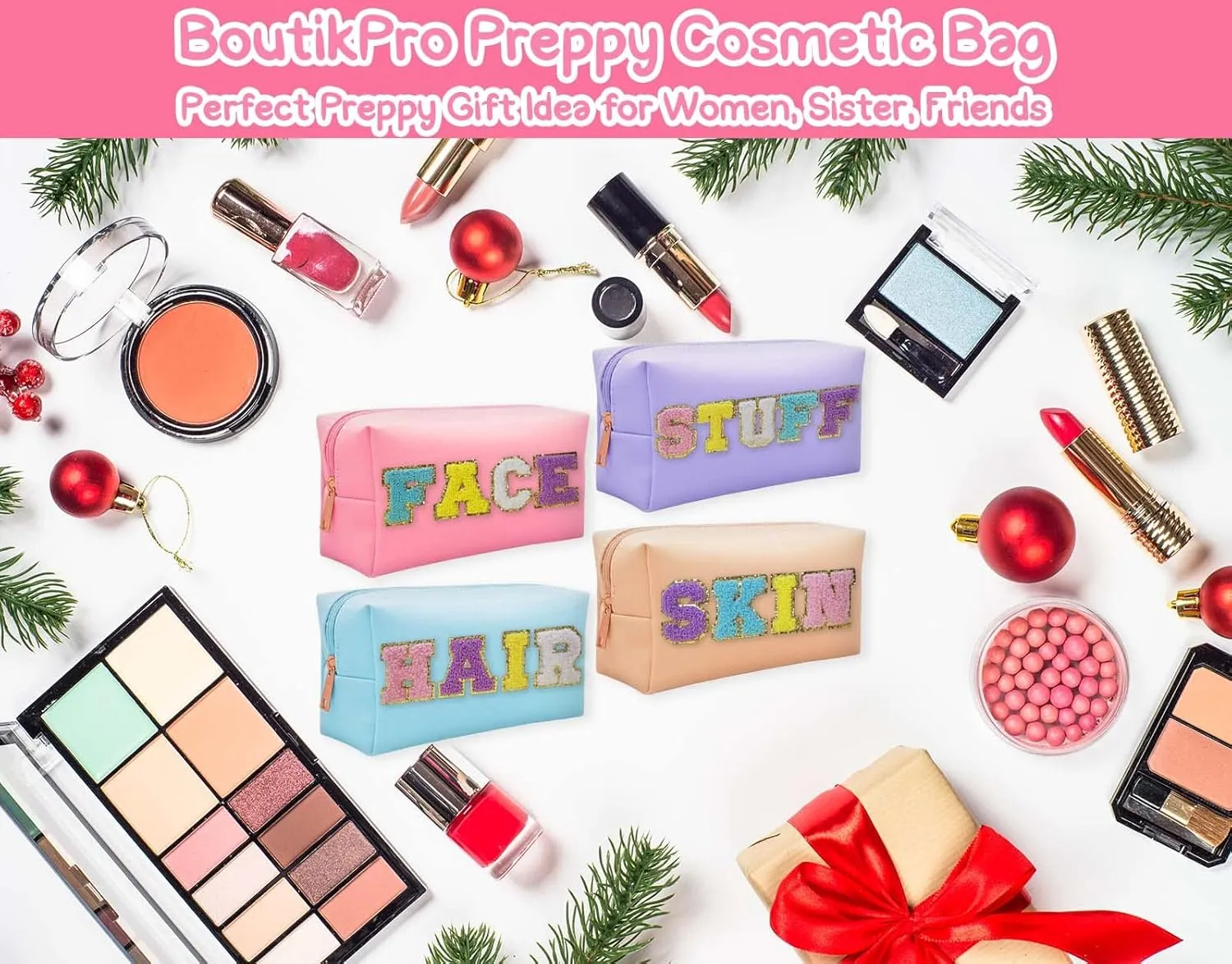 4PCS Premium Preppy Makeup Bag Set, Cute PU Travel Toiletry Bag for Women, Waterproof Preppy Patch Cosmetic Organizer Bag for Traveling Outdoors, Gift Ideal for Christmas Thanksgiving