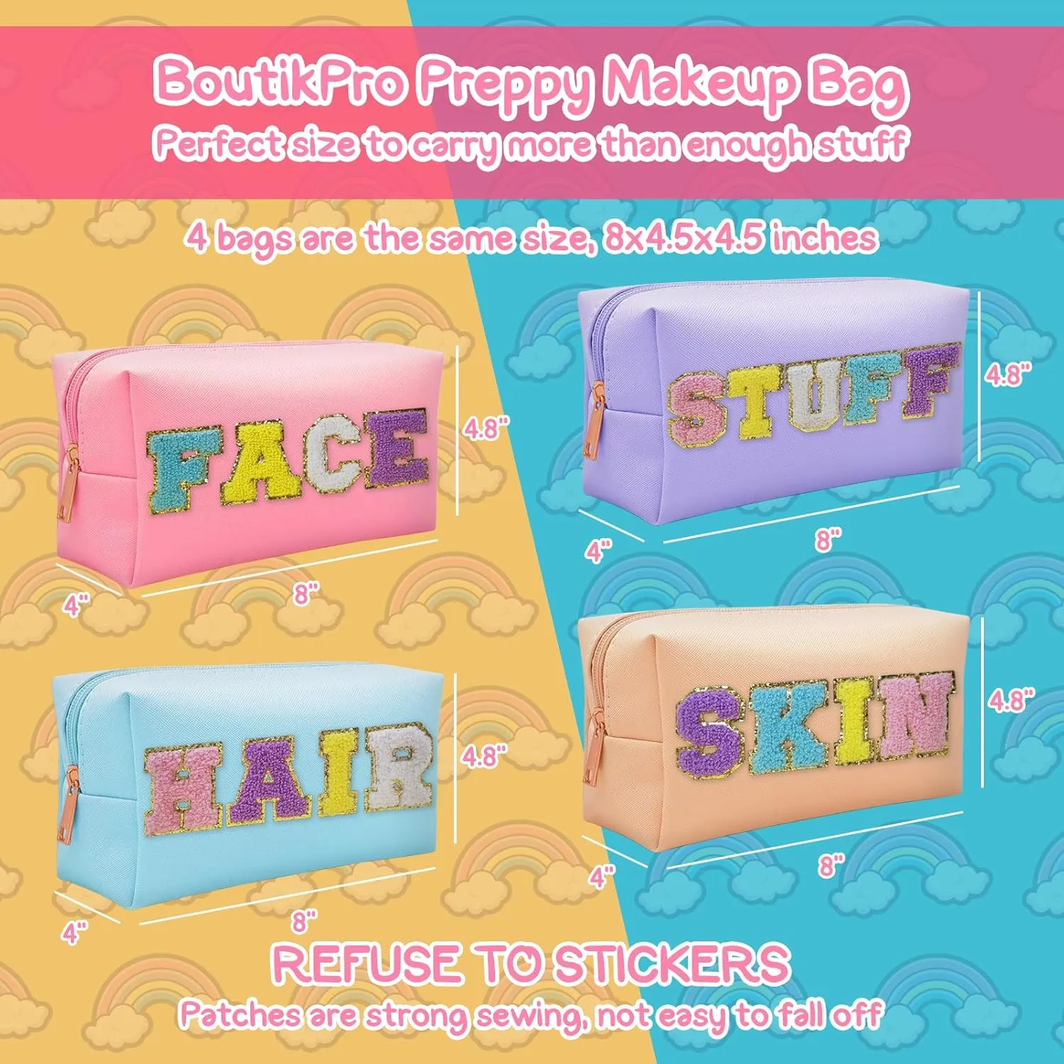 4PCS Premium Preppy Makeup Bag Set, Cute PU Travel Toiletry Bag for Women, Waterproof Preppy Patch Cosmetic Organizer Bag for Traveling Outdoors, Gift Ideal for Christmas Thanksgiving
