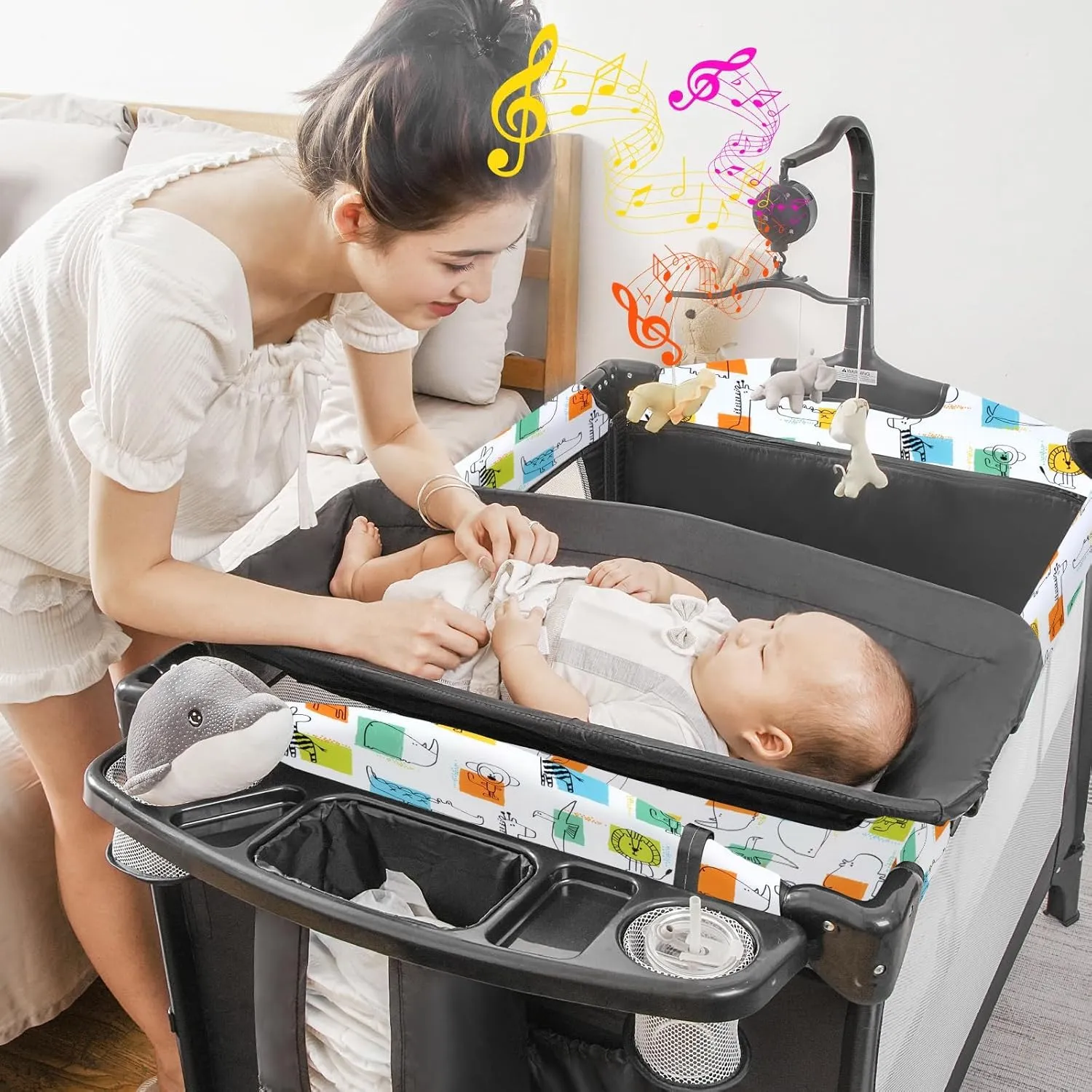 5-in-1 Pack and Play, Baby Bassinet Bedside Sleeper with U-Shaped Diaper Changer, Portable Toddler Playard for Newborn Toddlers, Baby Crib with 4 Adjustable Height, Carry Bag,Easy to Install (Cartoon)