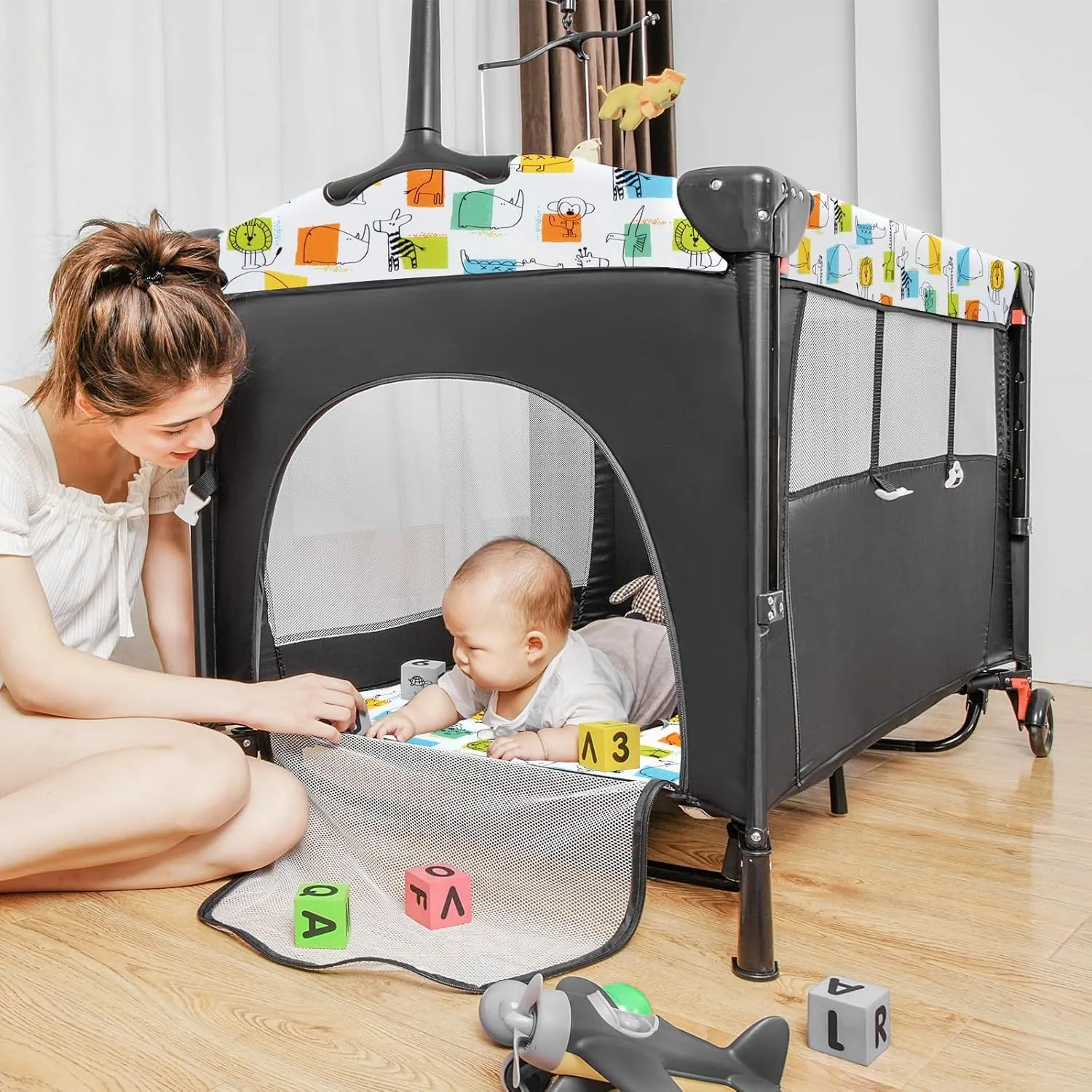 5-in-1 Pack and Play, Baby Bassinet Bedside Sleeper with U-Shaped Diaper Changer, Portable Toddler Playard for Newborn Toddlers, Baby Crib with 4 Adjustable Height, Carry Bag,Easy to Install (Cartoon)