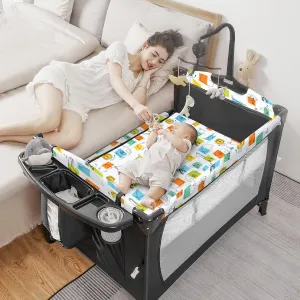 5-in-1 Pack and Play, Baby Bassinet Bedside Sleeper with U-Shaped Diaper Changer, Portable Toddler Playard for Newborn Toddlers, Baby Crib with 4 Adjustable Height, Carry Bag,Easy to Install (Cartoon)