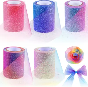5 Rolls Rainbow Glitter Tulle Rolls Gradient Fabric Ribbon Netting Fabric Tulle Spool Shiny Sewing Craft Polyester Glitter Ribbon for Sewing Crafting Wedding Birthday Baby Shower, 3 Inch x 10 Yard