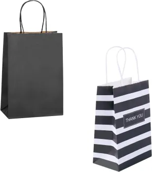 50Pcs 5.25x3.25x8’’ Small Black Gift Bags   50Pcs 5.25x3.25x8’’ Small Black Stirped Thank You Gift Bags