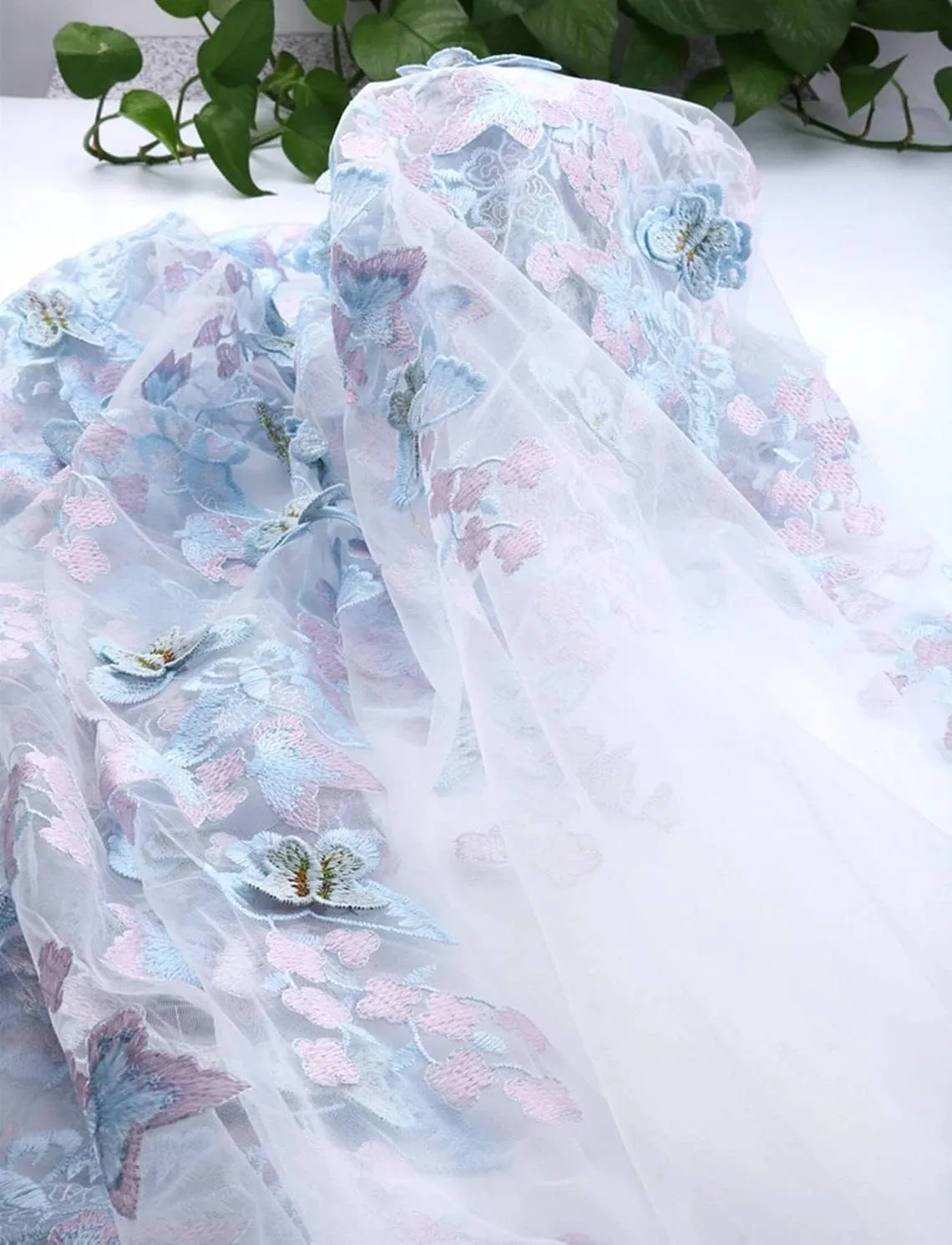 51" Width 3D Butterfly Floral Flower Embroidered Tulle Lace Fabric Mesh Lace Fabric by The Yard for DIY Handmade Clothing Wedding Dress Home Decor (3 Yard, Light Blue)