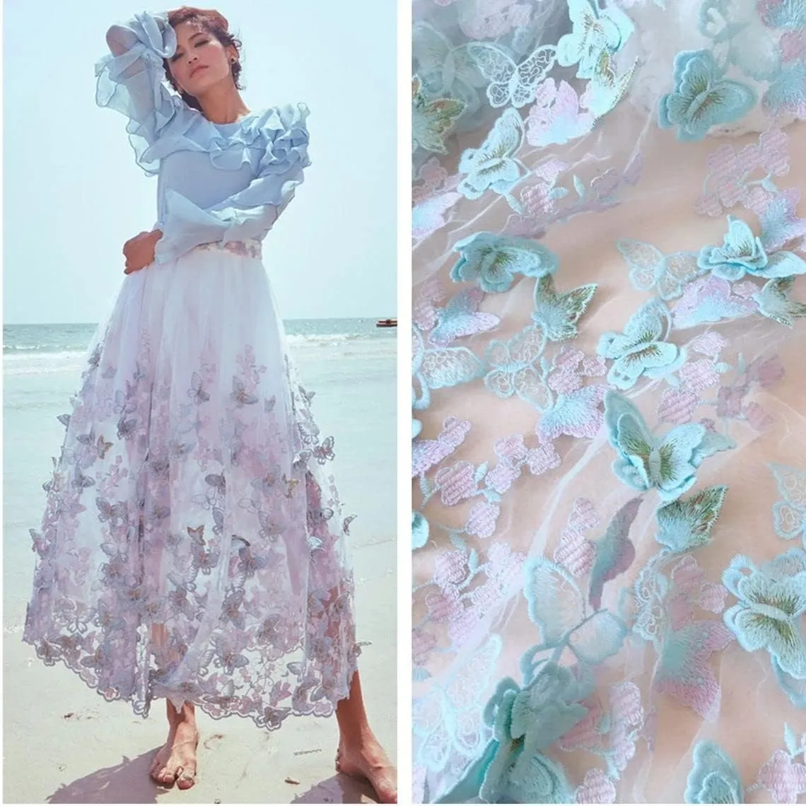 51" Width 3D Butterfly Floral Flower Embroidered Tulle Lace Fabric Mesh Lace Fabric by The Yard for DIY Handmade Clothing Wedding Dress Home Decor (3 Yard, Light Blue)