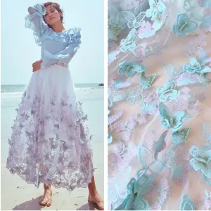 51" Width 3D Butterfly Floral Flower Embroidered Tulle Lace Fabric Mesh Lace Fabric by The Yard for DIY Handmade Clothing Wedding Dress Home Decor (3 Yard, Light Blue)