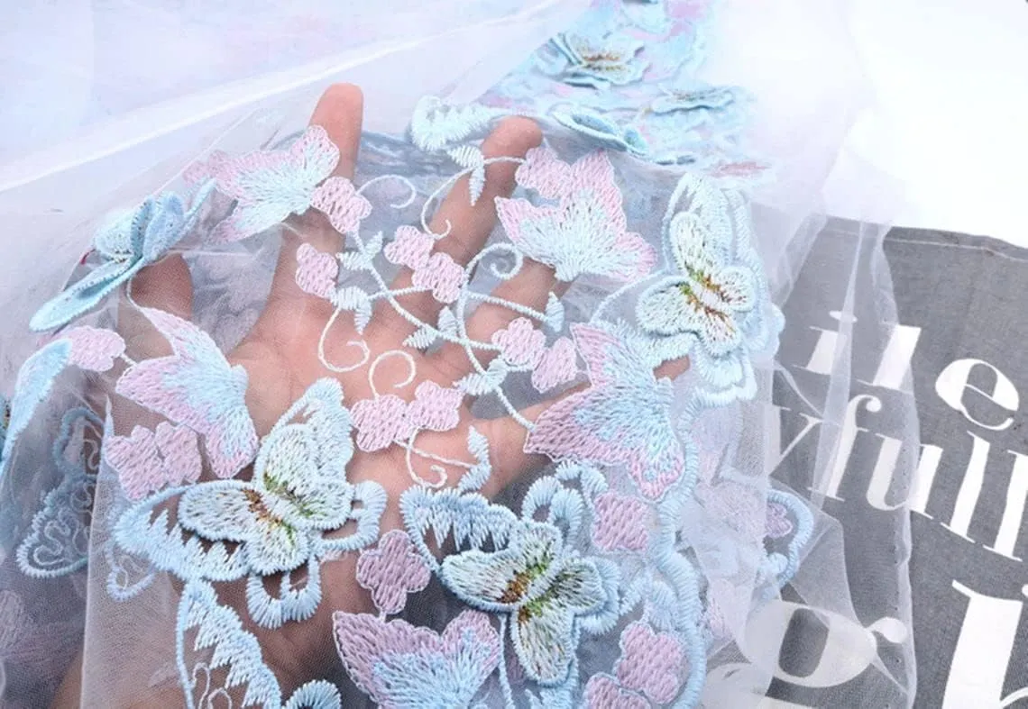 51" Width 3D Butterfly Floral Flower Embroidered Tulle Lace Fabric Mesh Lace Fabric by The Yard for DIY Handmade Clothing Wedding Dress Home Decor (3 Yard, Light Blue)