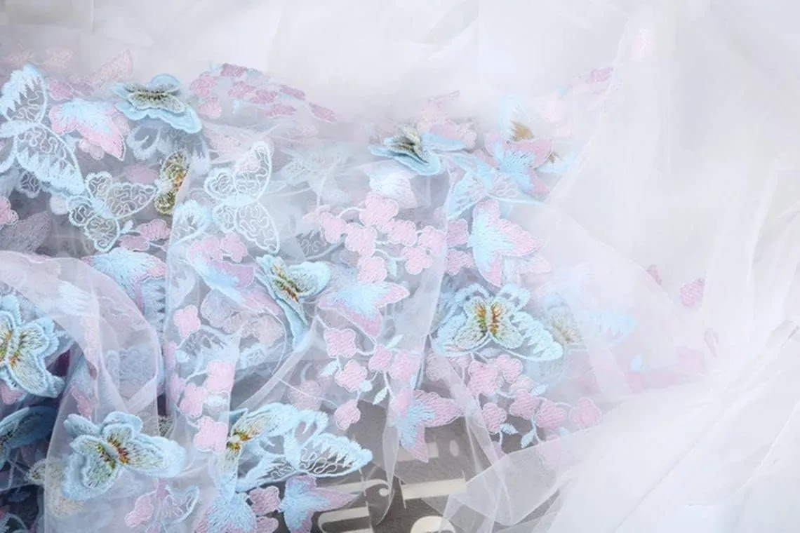 51" Width 3D Butterfly Floral Flower Embroidered Tulle Lace Fabric Mesh Lace Fabric by The Yard for DIY Handmade Clothing Wedding Dress Home Decor (3 Yard, Light Blue)