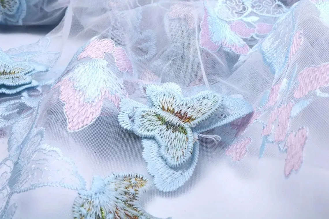 51" Width 3D Butterfly Floral Flower Embroidered Tulle Lace Fabric Mesh Lace Fabric by The Yard for DIY Handmade Clothing Wedding Dress Home Decor (3 Yard, Light Blue)