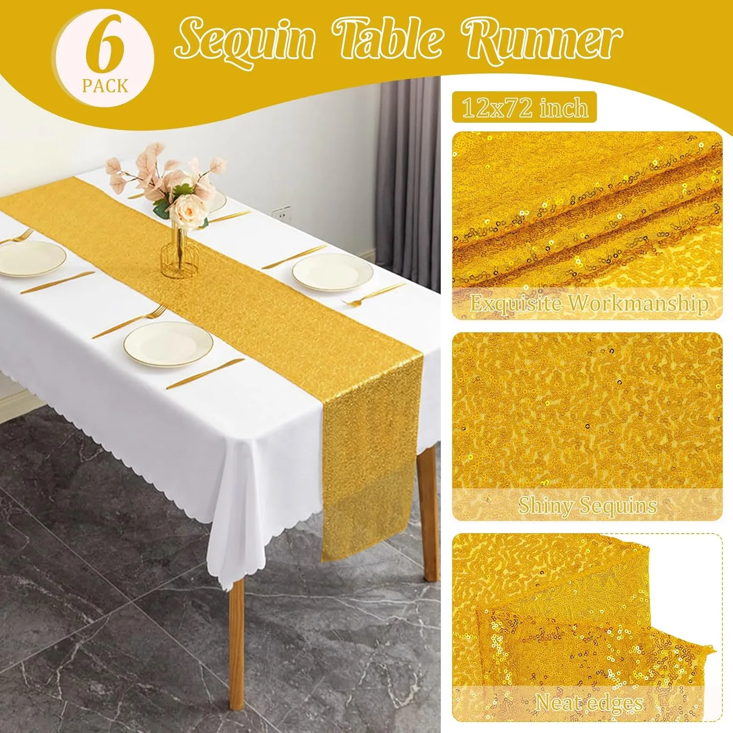 6 Pack Gold Sequin Table Runner - 12" x 72" Sparkle Table Runner for Baby Bridal Shower Wedding Birthday Party Table Decor