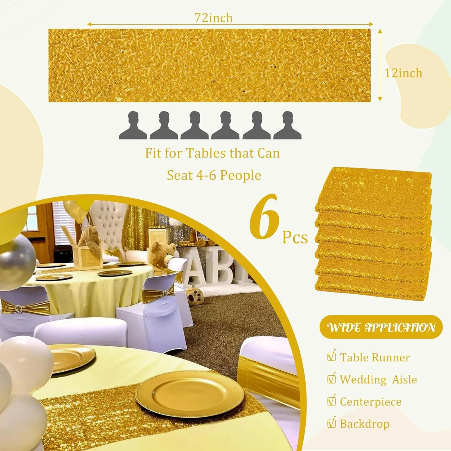 6 Pack Gold Sequin Table Runner - 12" x 72" Sparkle Table Runner for Baby Bridal Shower Wedding Birthday Party Table Decor