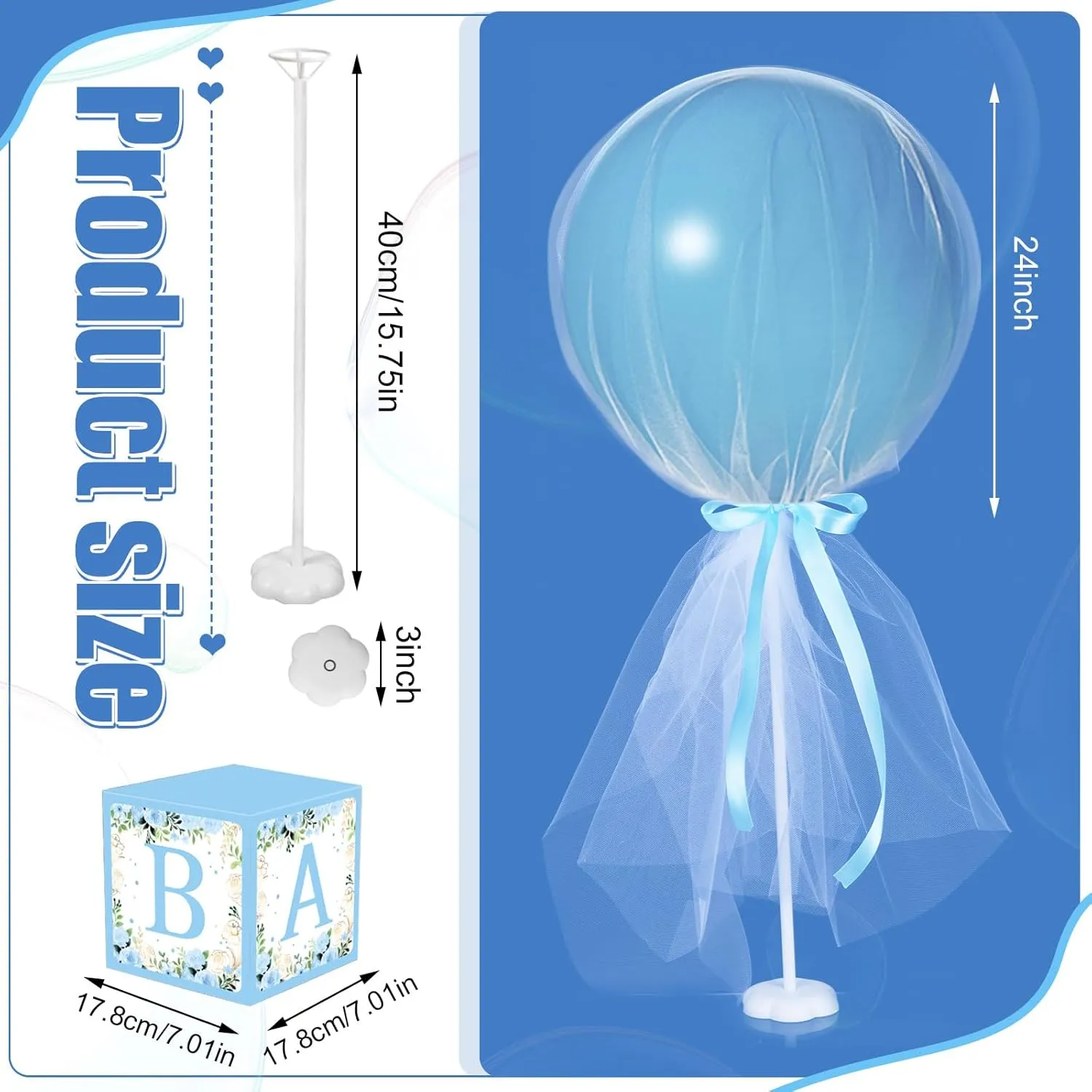 6 Set blue Brown Bear Tulle Tutu Balloon with Letter Boxes Baby Shower Table Centerpieces Decor for Gender Reveal 24'' Balloons White Tulle Cover with Stand, Boxes for Girl Boy Wedding Birthday Party
