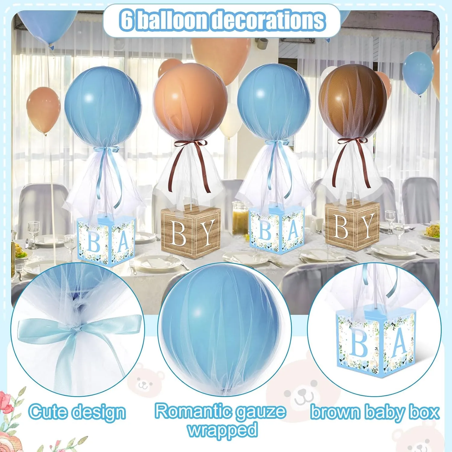 6 Set blue Brown Bear Tulle Tutu Balloon with Letter Boxes Baby Shower Table Centerpieces Decor for Gender Reveal 24'' Balloons White Tulle Cover with Stand, Boxes for Girl Boy Wedding Birthday Party