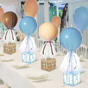 6 Set blue Brown Bear Tulle Tutu Balloon with Letter Boxes Baby Shower Table Centerpieces Decor for Gender Reveal 24'' Balloons White Tulle Cover with Stand, Boxes for Girl Boy Wedding Birthday Party