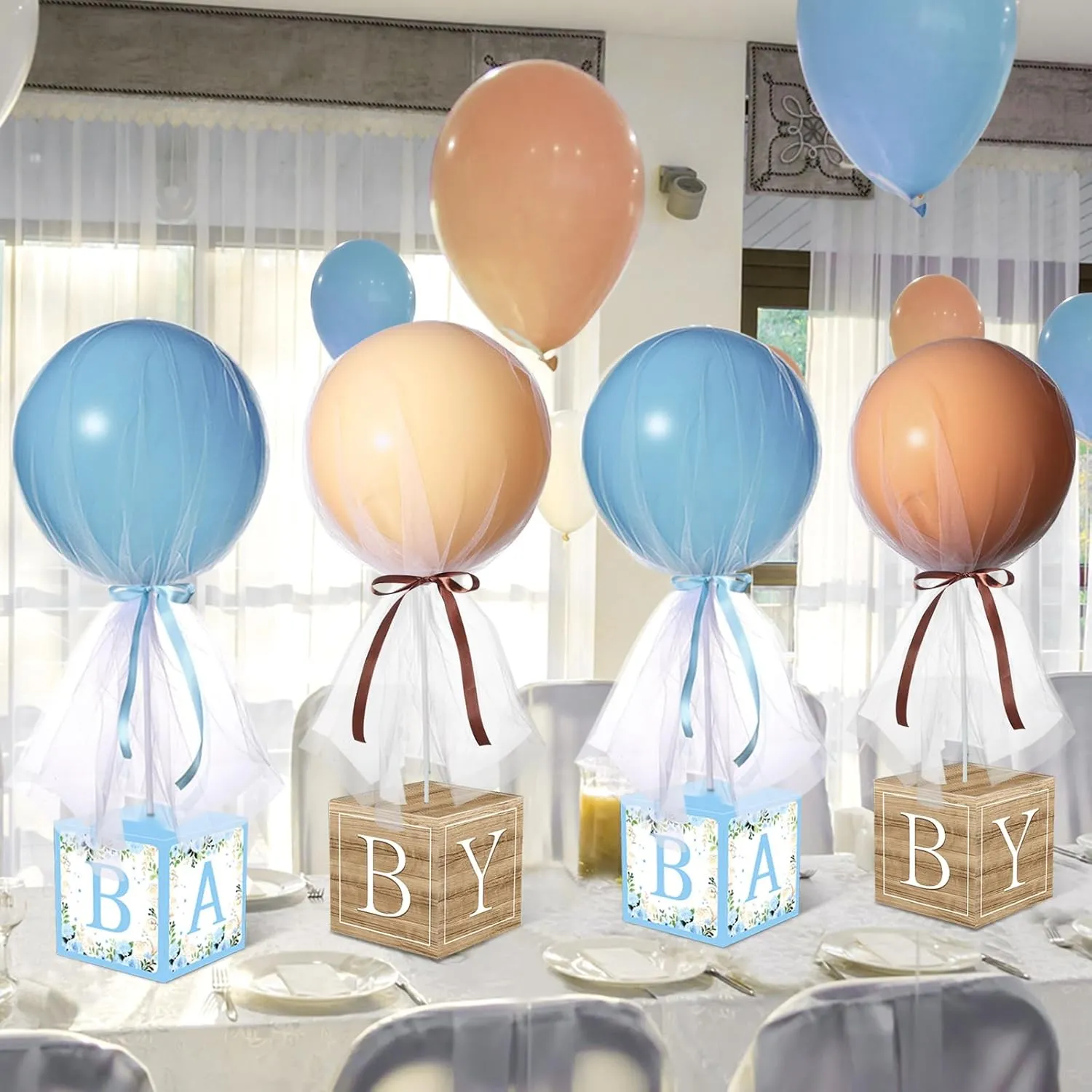6 Set blue Brown Bear Tulle Tutu Balloon with Letter Boxes Baby Shower Table Centerpieces Decor for Gender Reveal 24'' Balloons White Tulle Cover with Stand, Boxes for Girl Boy Wedding Birthday Party