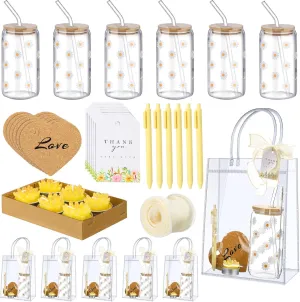 6 Sets Baby Shower Prizes for Game Player Baby Shower Winners Guest Gifts Candle Cup Heart Coaster Insulated Pen Gift Bag Wedding Bridal Game Prizes(Daisy Style,Yellow)