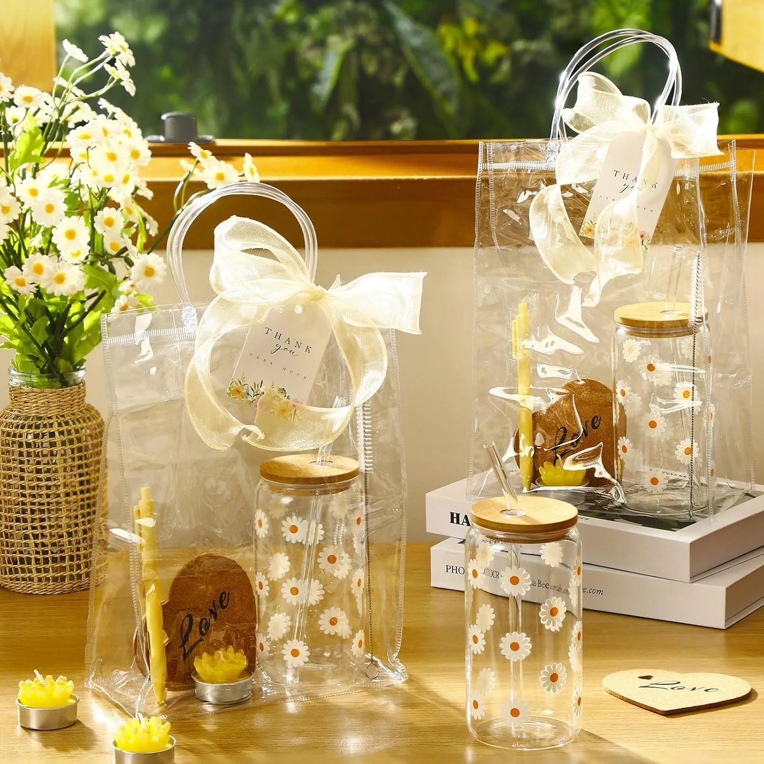 6 Sets Baby Shower Prizes for Game Player Baby Shower Winners Guest Gifts Candle Cup Heart Coaster Insulated Pen Gift Bag Wedding Bridal Game Prizes(Daisy Style,Yellow)