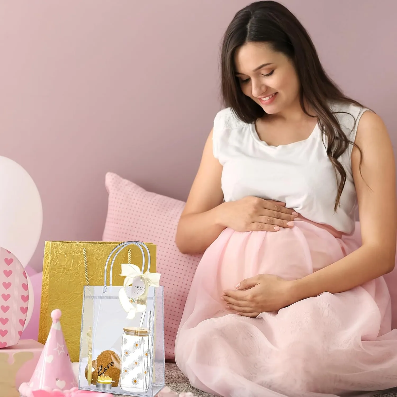 6 Sets Baby Shower Prizes for Game Player Baby Shower Winners Guest Gifts Candle Cup Heart Coaster Insulated Pen Gift Bag Wedding Bridal Game Prizes(Daisy Style,Yellow)