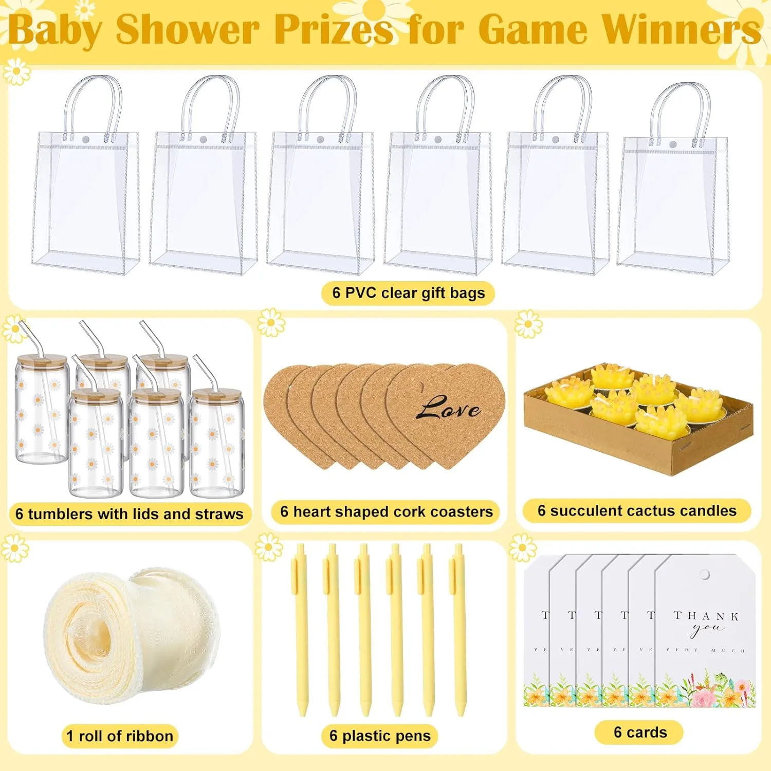 6 Sets Baby Shower Prizes for Game Player Baby Shower Winners Guest Gifts Candle Cup Heart Coaster Insulated Pen Gift Bag Wedding Bridal Game Prizes(Daisy Style,Yellow)