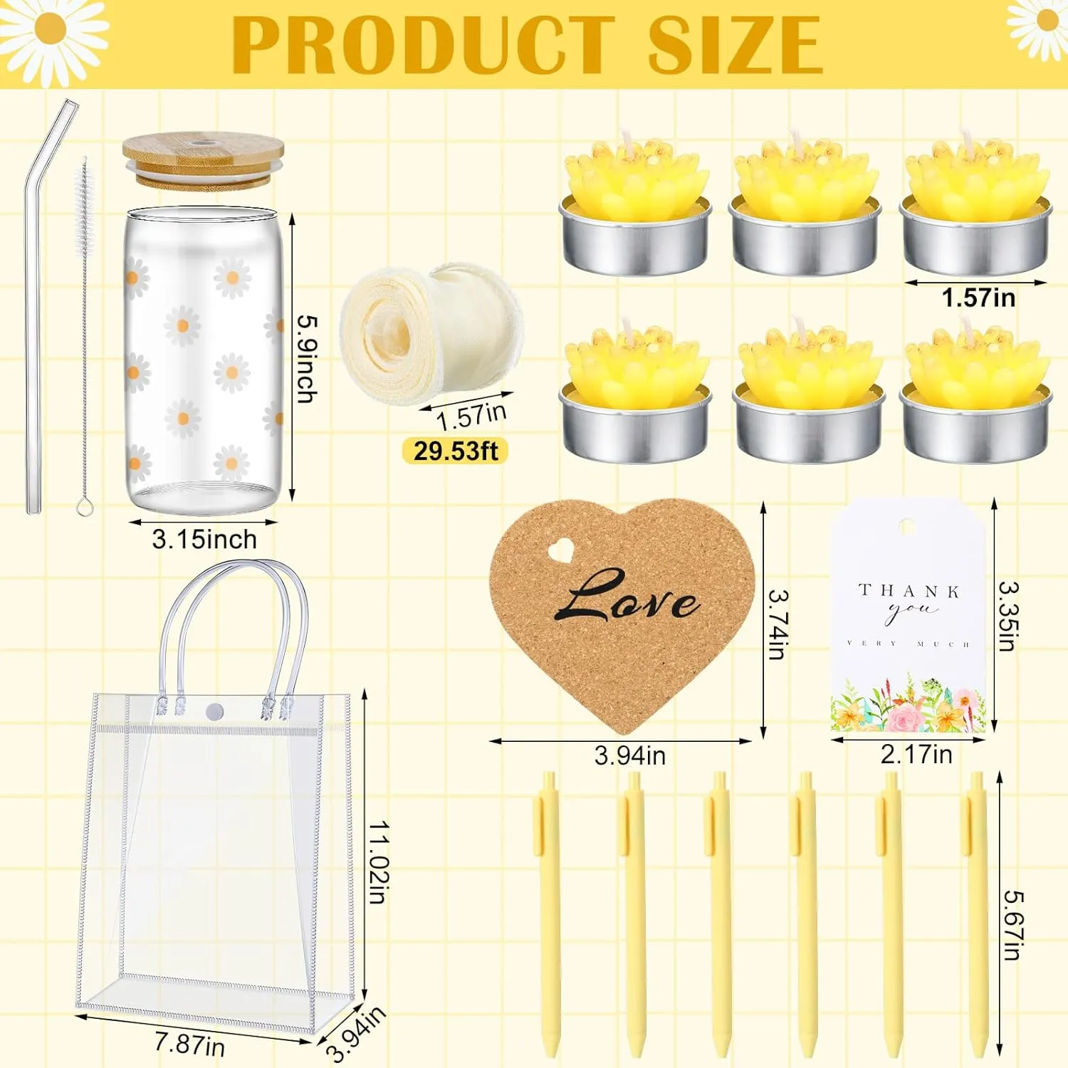 6 Sets Baby Shower Prizes for Game Player Baby Shower Winners Guest Gifts Candle Cup Heart Coaster Insulated Pen Gift Bag Wedding Bridal Game Prizes(Daisy Style,Yellow)
