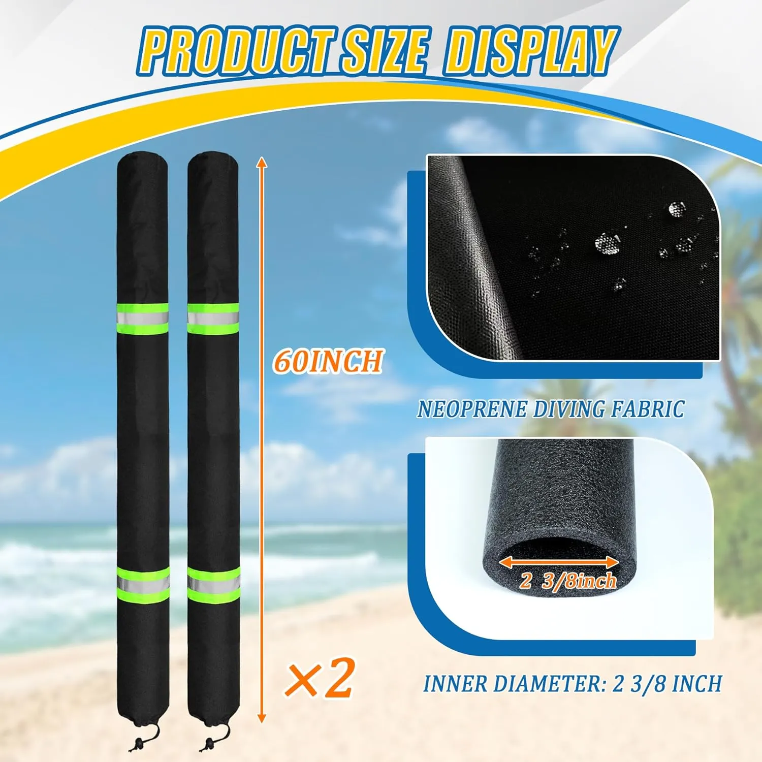 60 Inch Thickened Foam Boat Trailer Guide Pole Pad and Cover with Capped End and Reflective Stripe for Ski Boat, Fishing Boat or Sailboat Trailer