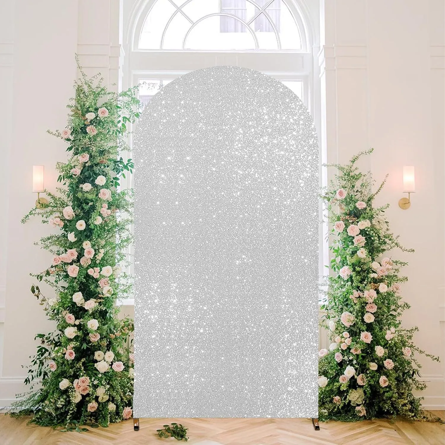 6.6FT Silver Arch Cover-Sequin Spandex Fitted Wedding Arch Cover Round Top Chiara Background Covers for Birthday Party Baby Shower Photo Arch Stand Decoration