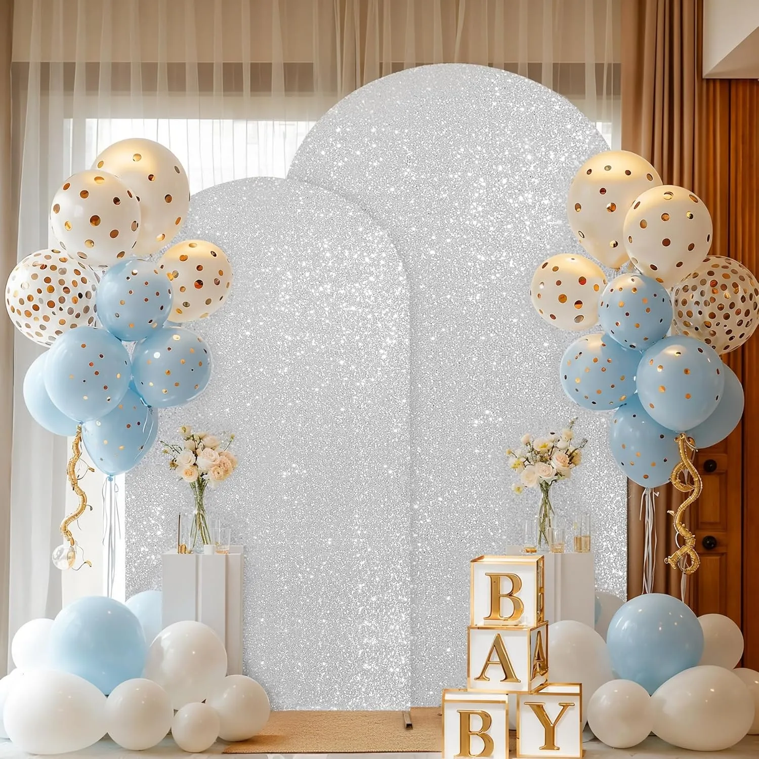 6.6FT Silver Arch Cover-Sequin Spandex Fitted Wedding Arch Cover Round Top Chiara Background Covers for Birthday Party Baby Shower Photo Arch Stand Decoration