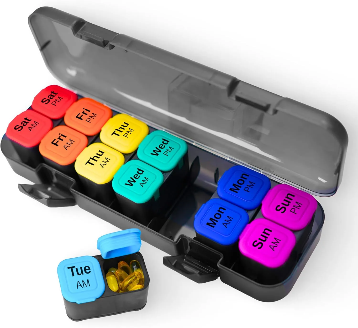 7 Day AM PM Pill Organizer – 2 Times a Day Weekly Medicine Box with 14 Removable Compartments – Easy-Open, Moisture-Proof Case for Daily Meds, Vitamins & Supplements – for Adults & Seniors