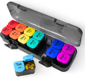 7 Day AM PM Pill Organizer – 2 Times a Day Weekly Medicine Box with 14 Removable Compartments – Easy-Open, Moisture-Proof Case for Daily Meds, Vitamins & Supplements – for Adults & Seniors