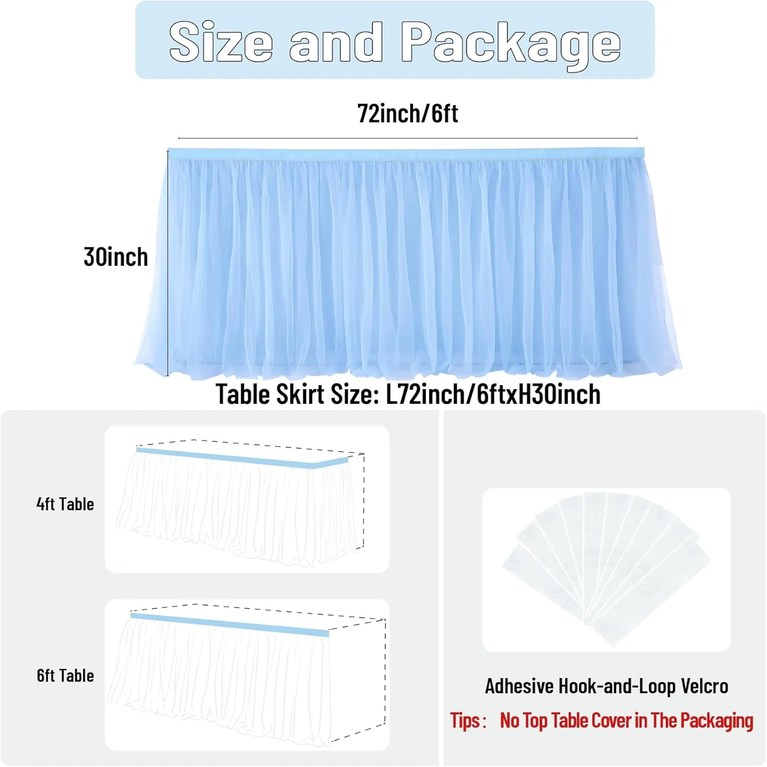 72in Baby Blue Tulle Table Skirts for Rectangle Tables 6/4ft, 2-Layer Gold Grim Ruffle Tulle Tutu Blue Cloth Table Skirt 6ft Decor Boy Birthday Party Baby Shower Cake Dessert Tables(No Table Cover)