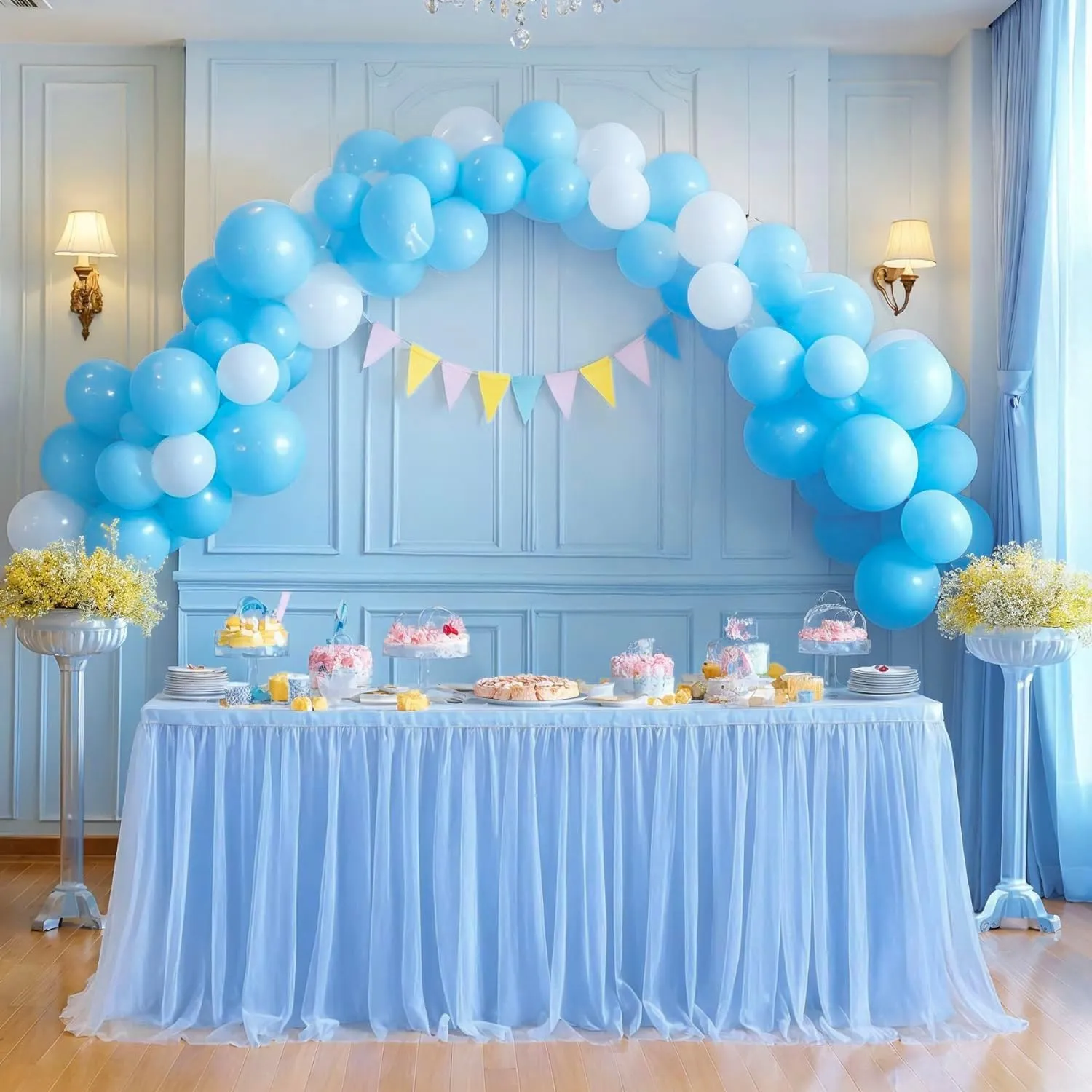 72in Baby Blue Tulle Table Skirts for Rectangle Tables 6/4ft, 2-Layer Gold Grim Ruffle Tulle Tutu Blue Cloth Table Skirt 6ft Decor Boy Birthday Party Baby Shower Cake Dessert Tables(No Table Cover)