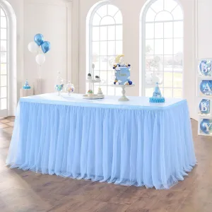 72in Baby Blue Tulle Table Skirts for Rectangle Tables 6/4ft, 2-Layer Gold Grim Ruffle Tulle Tutu Blue Cloth Table Skirt 6ft Decor Boy Birthday Party Baby Shower Cake Dessert Tables(No Table Cover)