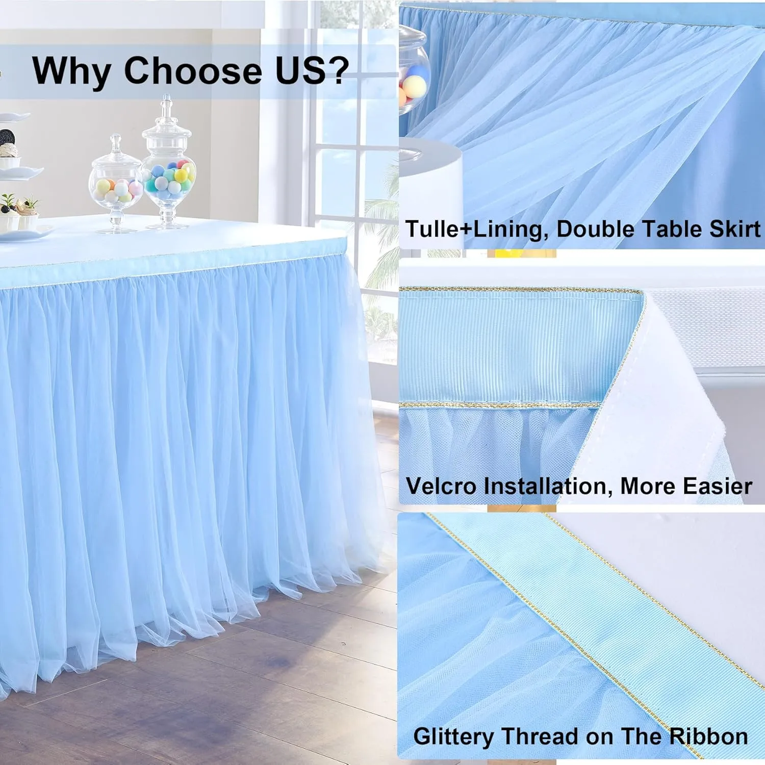 72in Baby Blue Tulle Table Skirts for Rectangle Tables 6/4ft, 2-Layer Gold Grim Ruffle Tulle Tutu Blue Cloth Table Skirt 6ft Decor Boy Birthday Party Baby Shower Cake Dessert Tables(No Table Cover)
