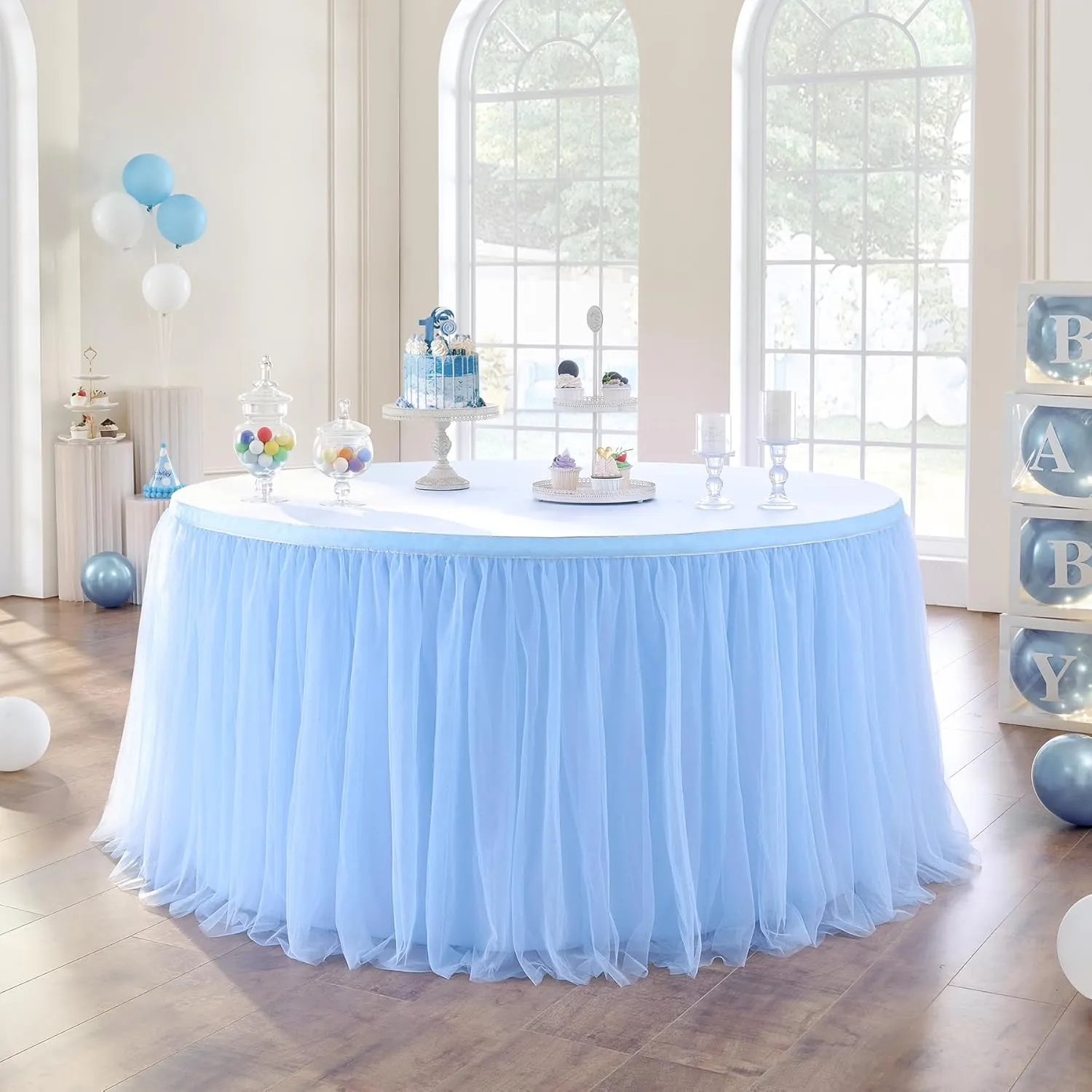 72in Baby Blue Tulle Table Skirts for Rectangle Tables 6/4ft, 2-Layer Gold Grim Ruffle Tulle Tutu Blue Cloth Table Skirt 6ft Decor Boy Birthday Party Baby Shower Cake Dessert Tables(No Table Cover)