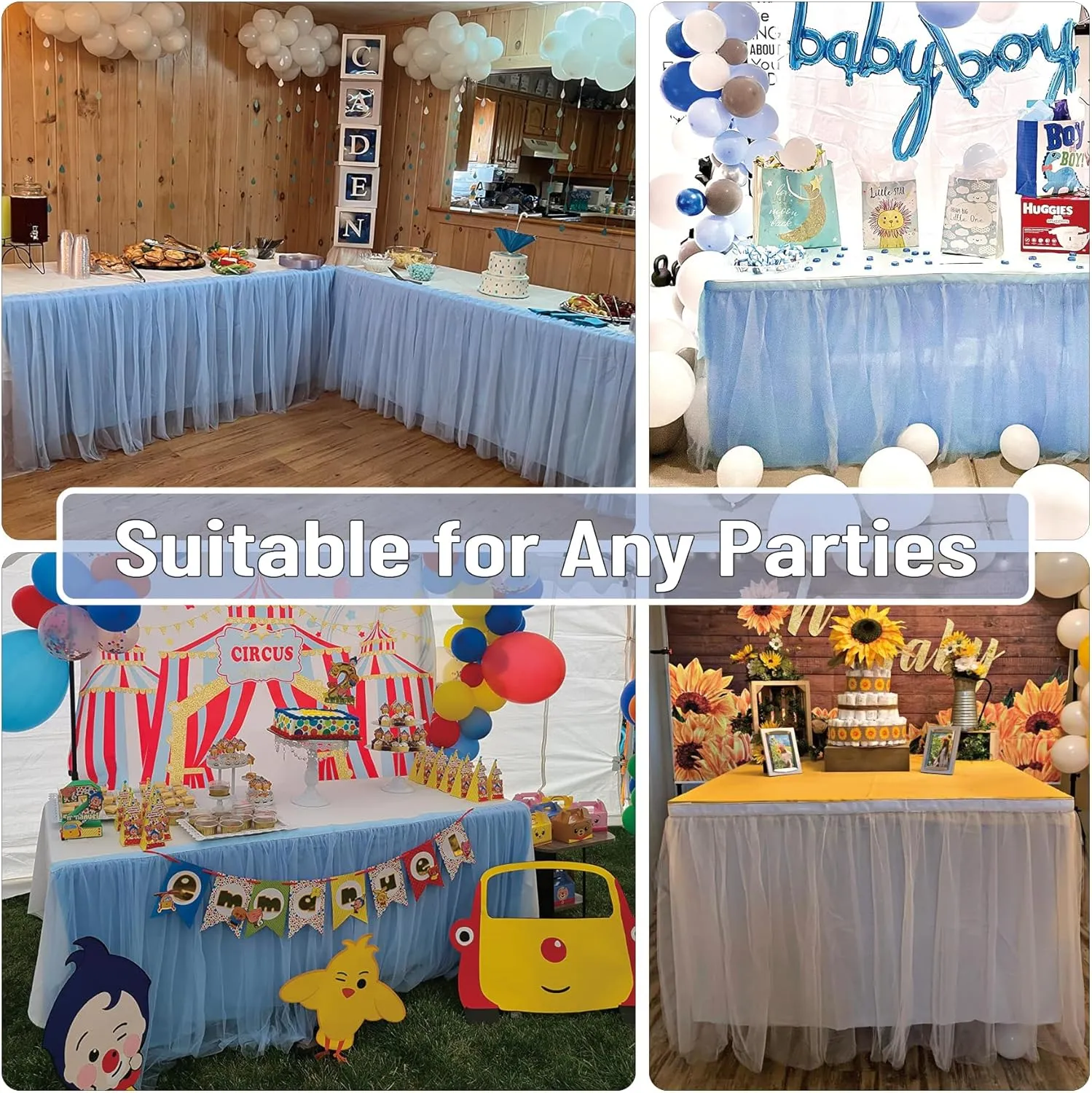 72in Baby Blue Tulle Table Skirts for Rectangle Tables 6/4ft, 2-Layer Gold Grim Ruffle Tulle Tutu Blue Cloth Table Skirt 6ft Decor Boy Birthday Party Baby Shower Cake Dessert Tables(No Table Cover)